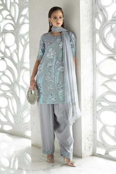Maria B | RTW | 3 Piece Embroidered Chiffon Suit-Brand:Maria B-Type:Luxury Formals-Blue - House of Maryam- Buy in UK, USA