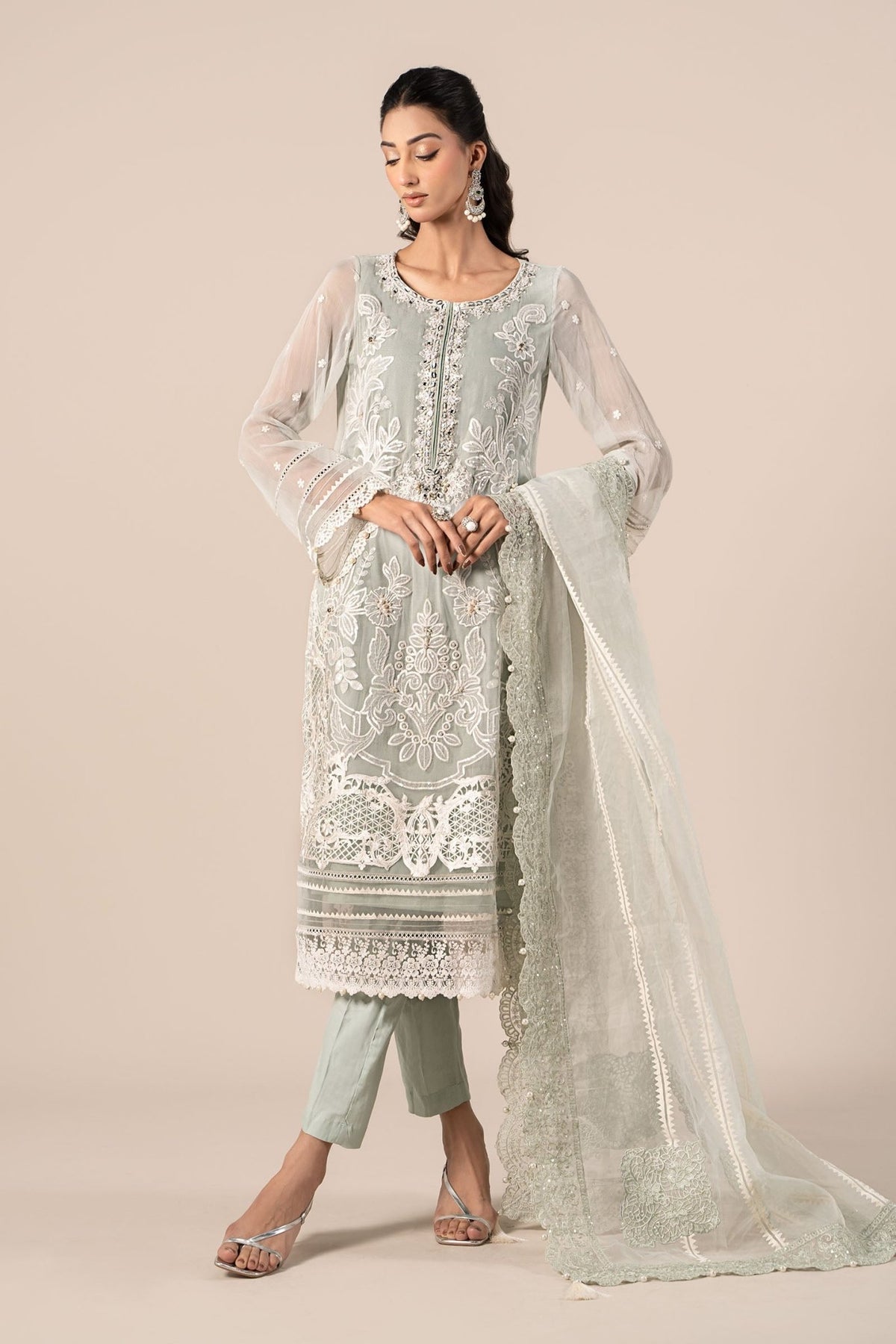 Maria B | RTW | 3 Piece Embroidered Chiffon Suit-Brand:Maria B-Type:Luxury Formals-Blue - House of Maryam- Buy in UK, USA