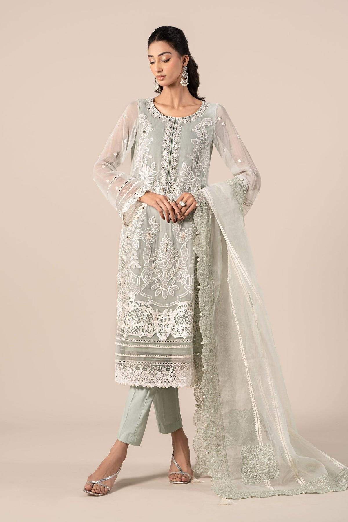 Maria B | RTW | 3 Piece Embroidered Chiffon Suit-Brand:Maria B-Type:Luxury Formals-Blue - House of Maryam- Buy in UK, USA