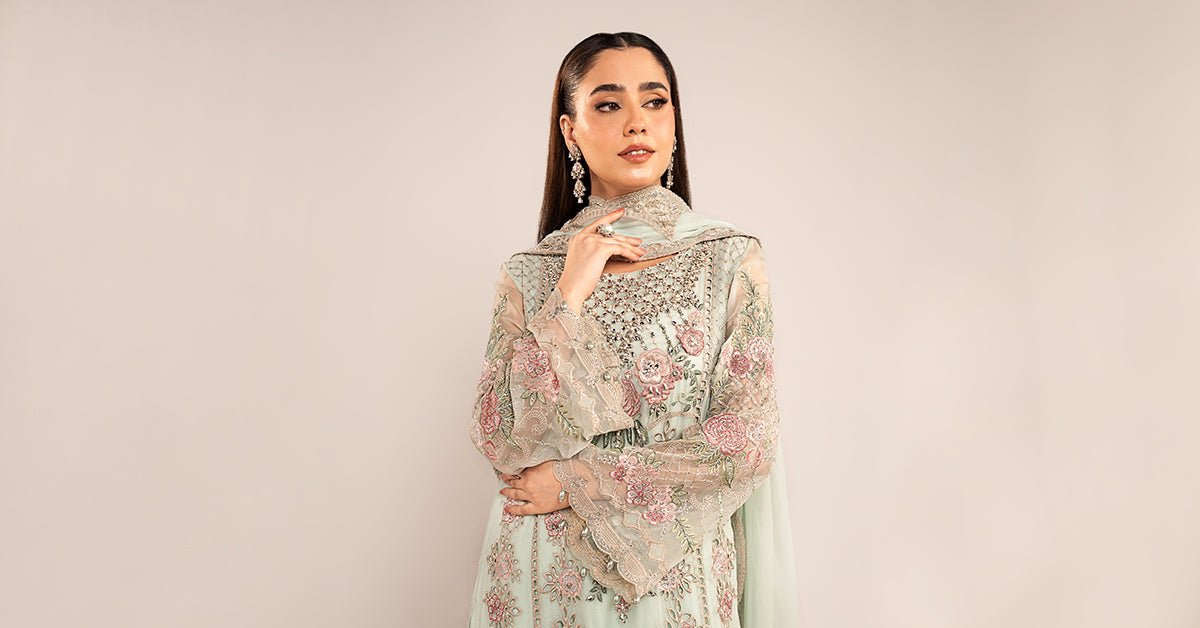Maria B | RTW | 3 Piece Embroidered Chiffon Suit-Brand:Maria B-Type:Luxury Formals-Green - House of Maryam- Buy in UK, USA