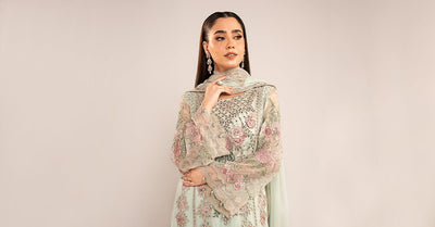 Maria B | RTW | 3 Piece Embroidered Chiffon Suit-Brand:Maria B-Type:Luxury Formals-Green - House of Maryam- Buy in UK, USA