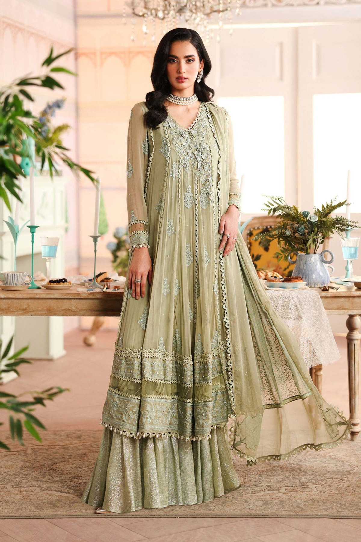 Maria B | RTW | 3 Piece Embroidered Chiffon Suit-Brand:Maria B-Type:Luxury Formals-Green - House of Maryam- Buy in UK, USA