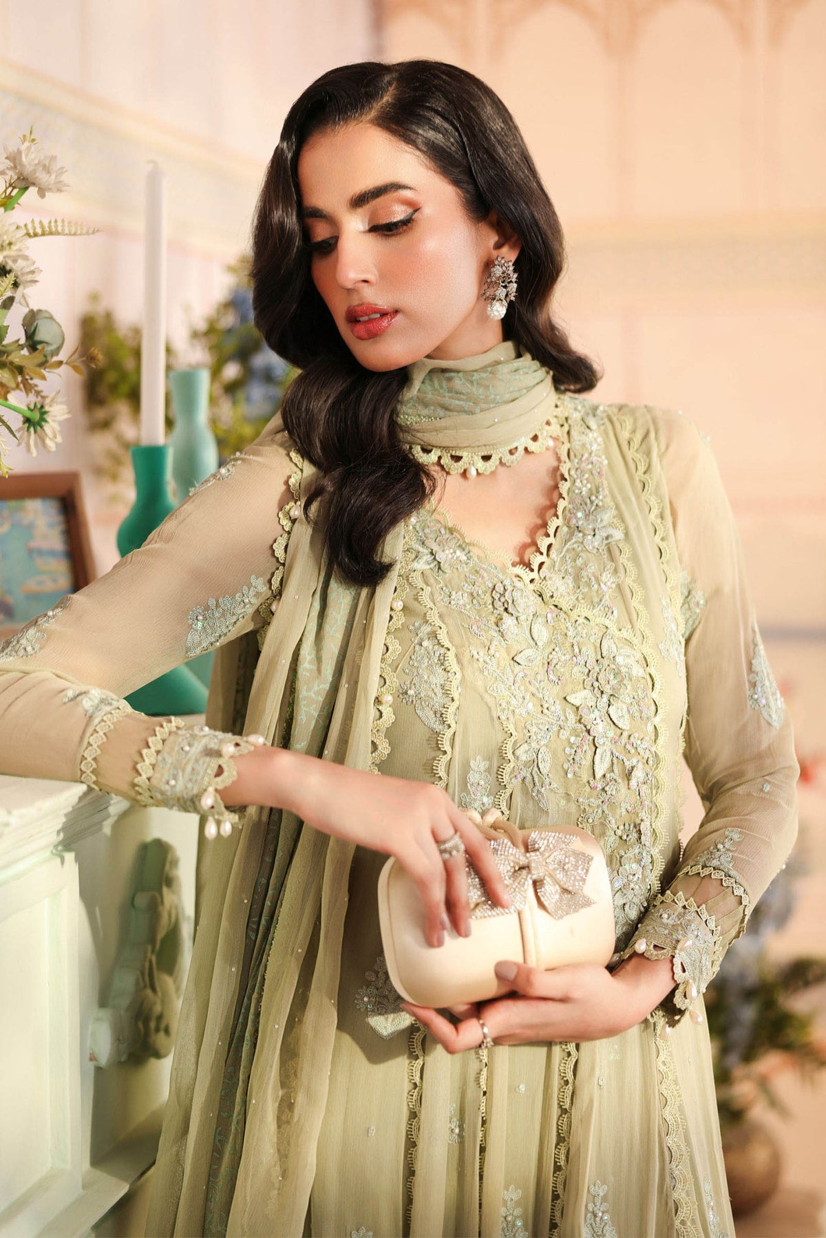 Maria B | RTW | 3 Piece Embroidered Chiffon Suit-Brand:Maria B-Type:Luxury Formals-Green - House of Maryam- Buy in UK, USA