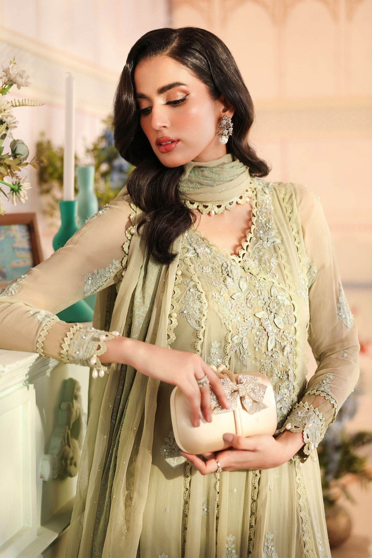 Maria B | RTW | 3 Piece Embroidered Chiffon Suit-Brand:Maria B-Type:Luxury Formals-Green - House of Maryam- Buy in UK, USA