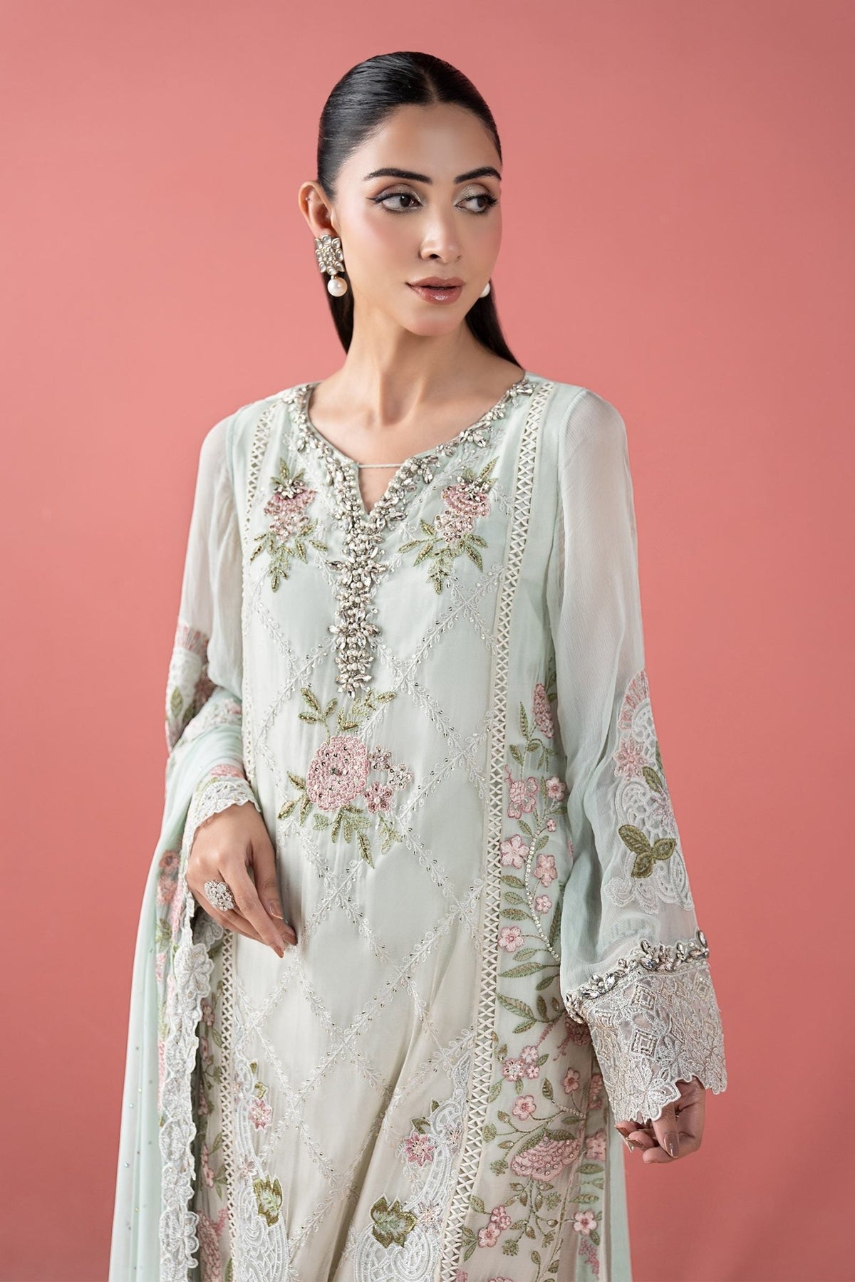 Maria B | RTW | 3 Piece Embroidered Chiffon Suit-Brand:Maria B-Type:Luxury Formals-Green - House of Maryam- Buy in UK, USA