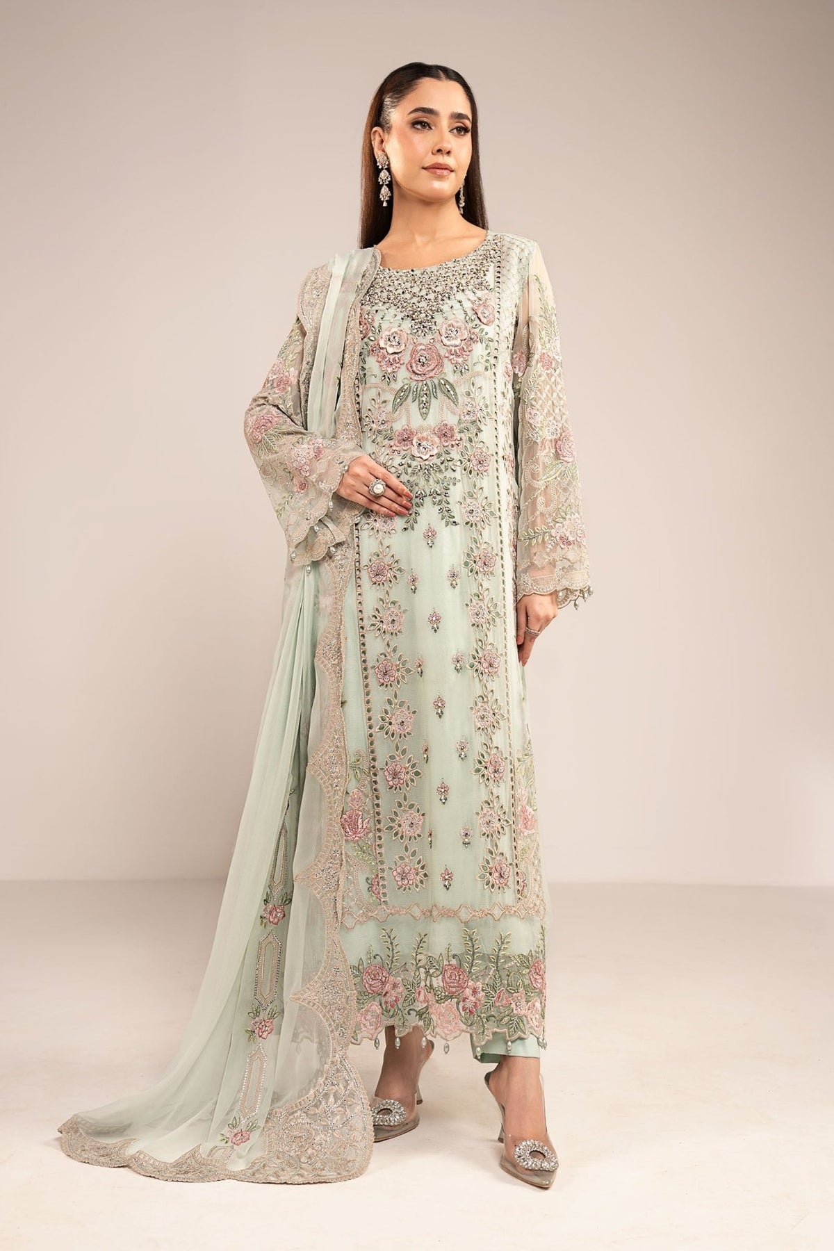 Maria B | RTW | 3 Piece Embroidered Chiffon Suit-Brand:Maria B-Type:Luxury Formals-Green - House of Maryam- Buy in UK, USA