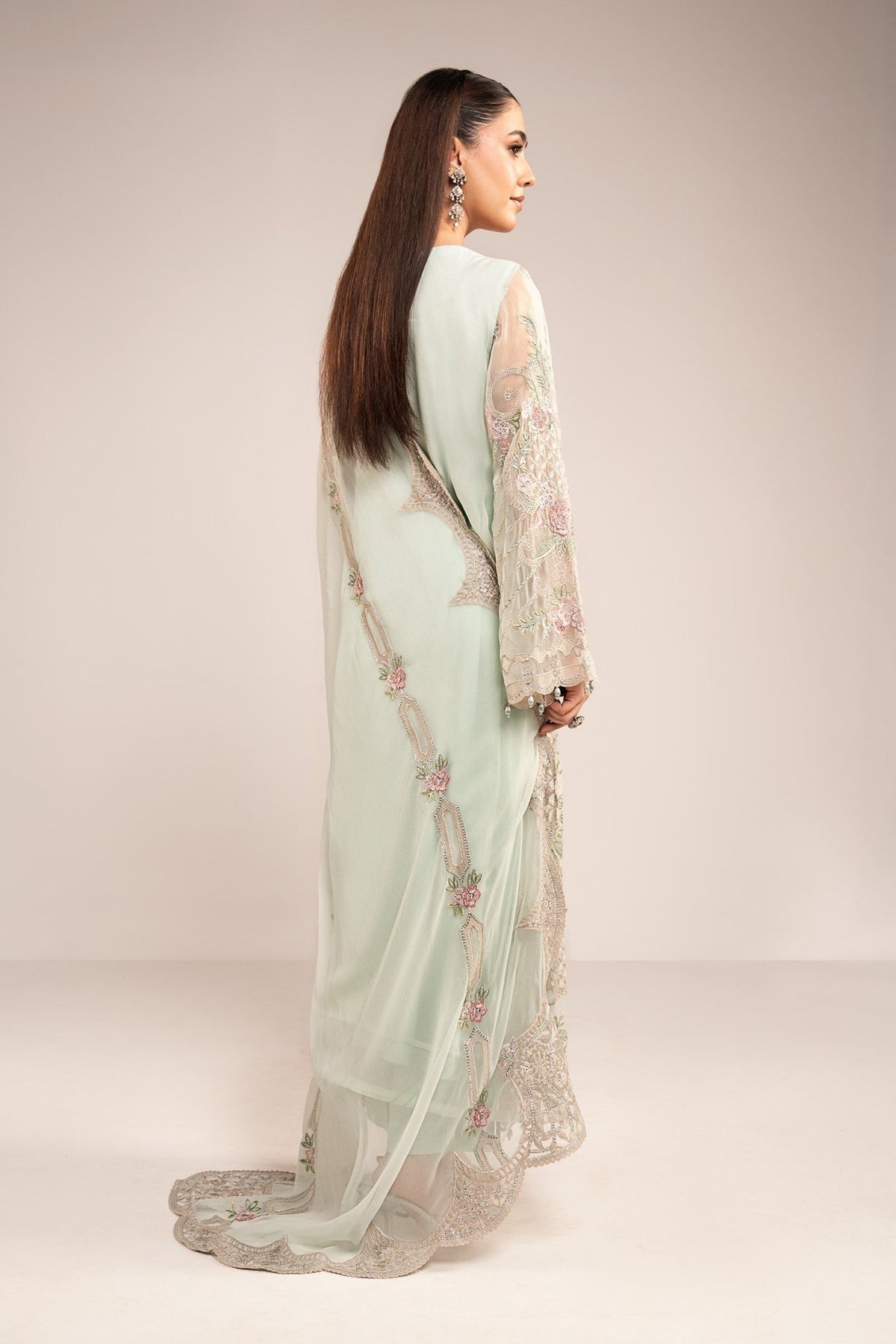 Maria B | RTW | 3 Piece Embroidered Chiffon Suit-Brand:Maria B-Type:Luxury Formals-Green - House of Maryam- Buy in UK, USA
