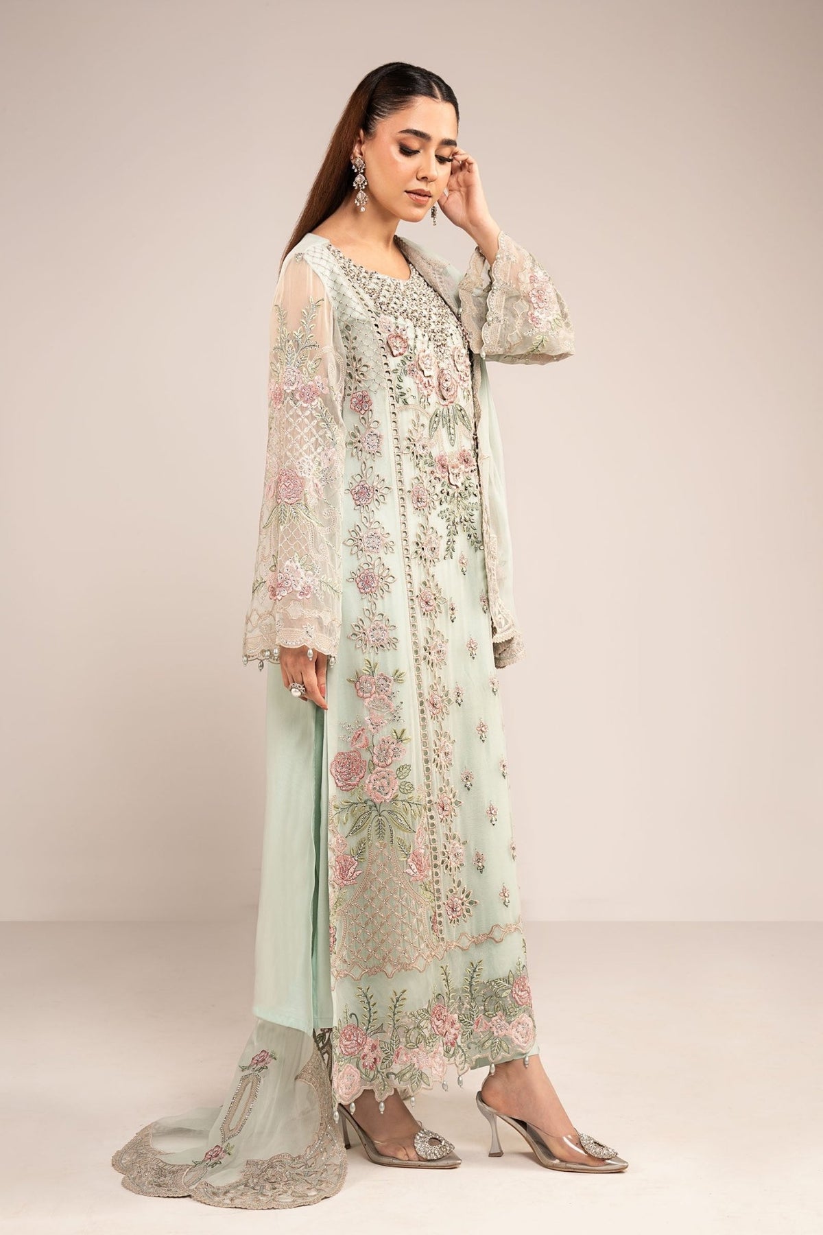 Maria B | RTW | 3 Piece Embroidered Chiffon Suit-Brand:Maria B-Type:Luxury Formals-Green - House of Maryam- Buy in UK, USA