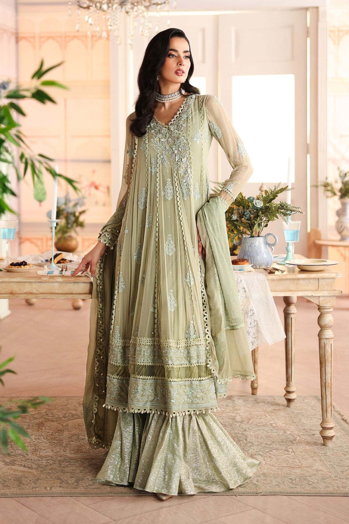Maria B | RTW | 3 Piece Embroidered Chiffon Suit-Brand:Maria B-Type:Luxury Formals-Green - House of Maryam- Buy in UK, USA