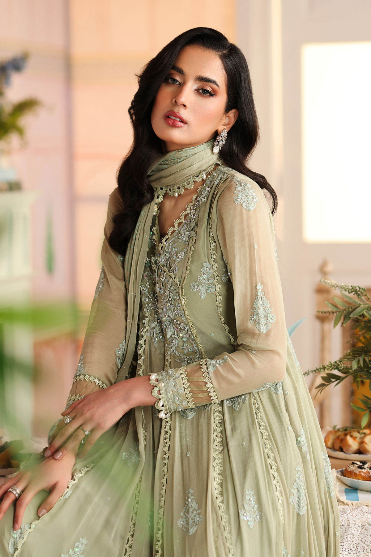 Maria B | RTW | 3 Piece Embroidered Chiffon Suit-Brand:Maria B-Type:Luxury Formals-Green - House of Maryam- Buy in UK, USA