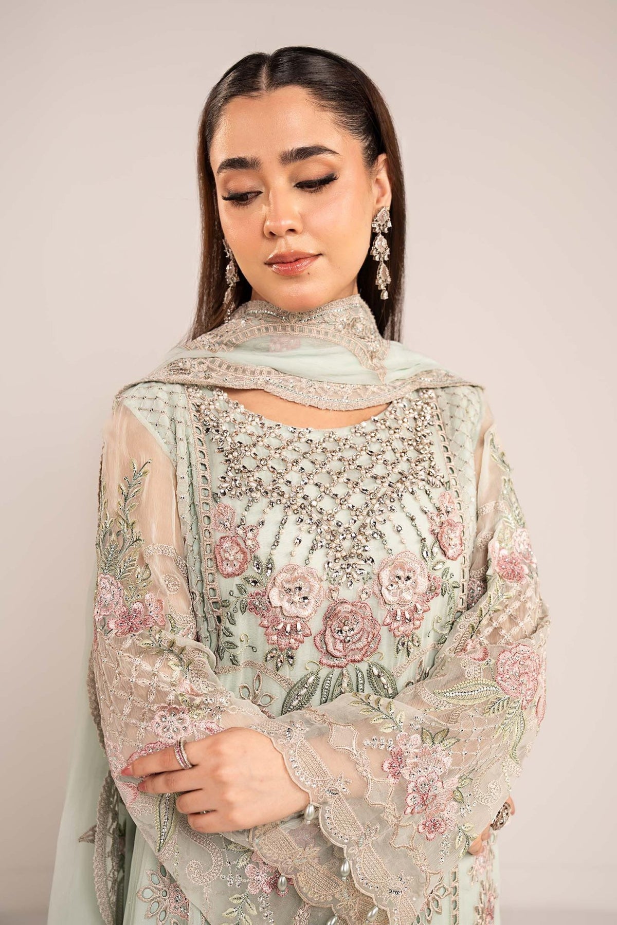 Maria B | RTW | 3 Piece Embroidered Chiffon Suit-Brand:Maria B-Type:Luxury Formals-Green - House of Maryam- Buy in UK, USA