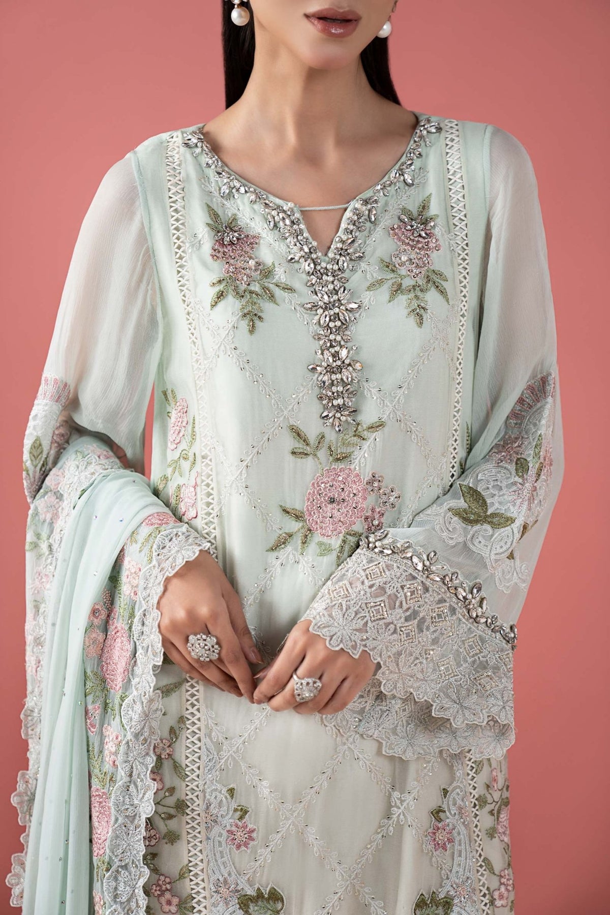 Maria B | RTW | 3 Piece Embroidered Chiffon Suit-Brand:Maria B-Type:Luxury Formals-Green - House of Maryam- Buy in UK, USA