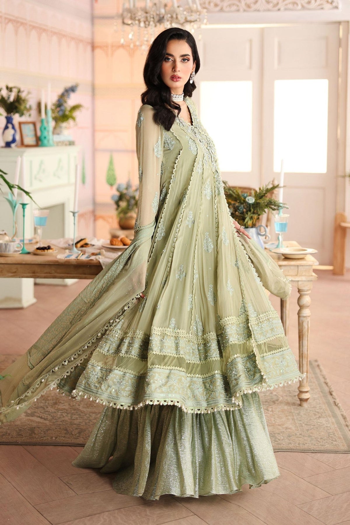 Maria B | RTW | 3 Piece Embroidered Chiffon Suit-Brand:Maria B-Type:Luxury Formals-Green - House of Maryam- Buy in UK, USA