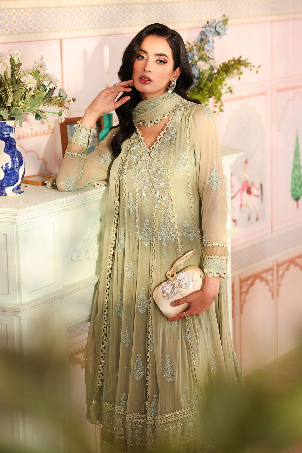 Maria B | RTW | 3 Piece Embroidered Chiffon Suit-Brand:Maria B-Type:Luxury Formals-Green - House of Maryam- Buy in UK, USA
