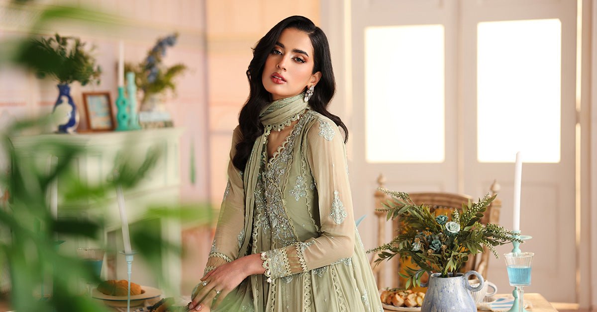 Maria B | RTW | 3 Piece Embroidered Chiffon Suit-Brand:Maria B-Type:Luxury Formals-Green - House of Maryam- Buy in UK, USA