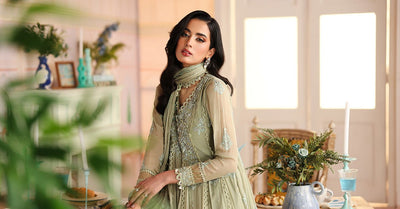 Maria B | RTW | 3 Piece Embroidered Chiffon Suit-Brand:Maria B-Type:Luxury Formals-Green - House of Maryam- Buy in UK, USA