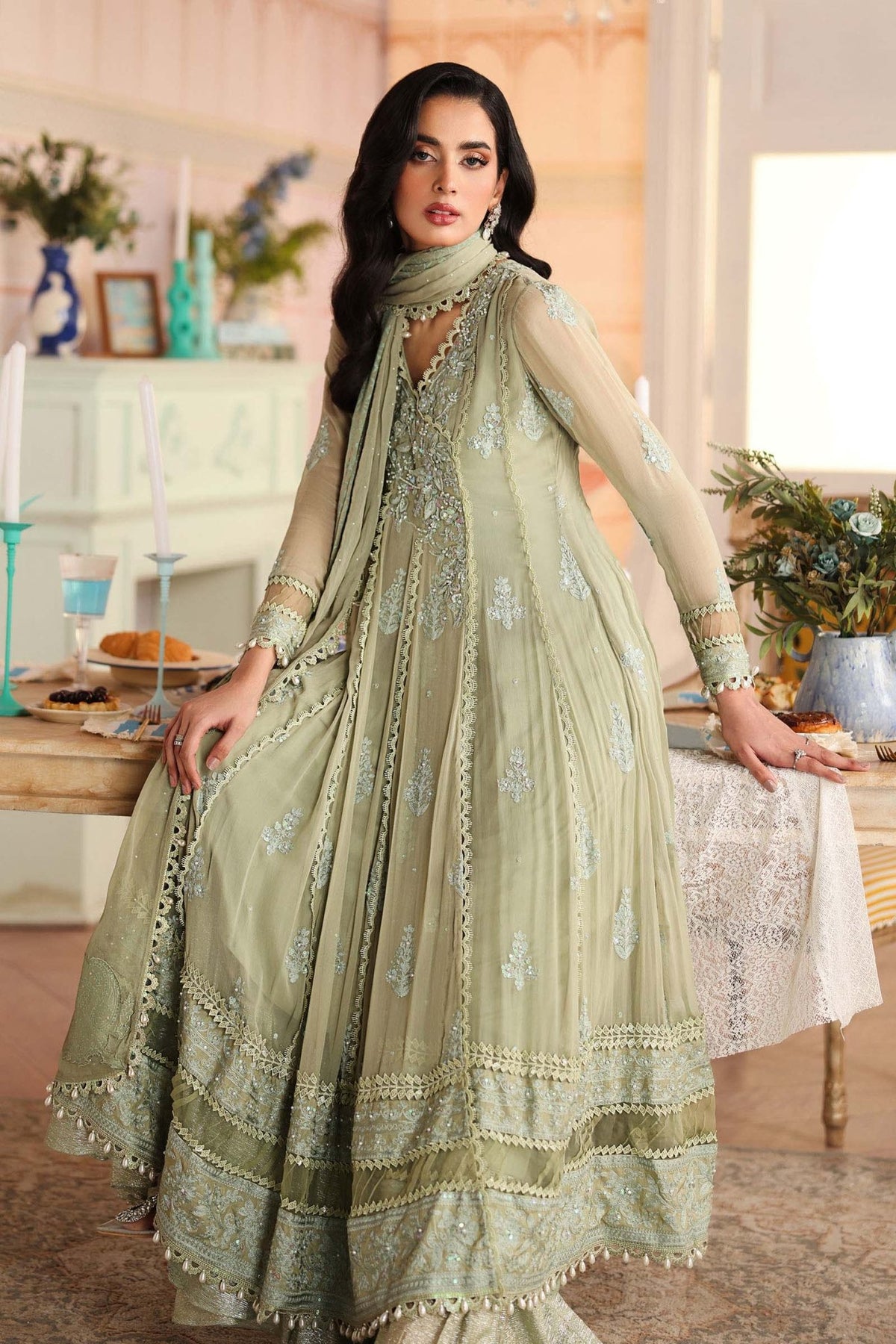 Maria B | RTW | 3 Piece Embroidered Chiffon Suit-Brand:Maria B-Type:Luxury Formals-Green - House of Maryam- Buy in UK, USA