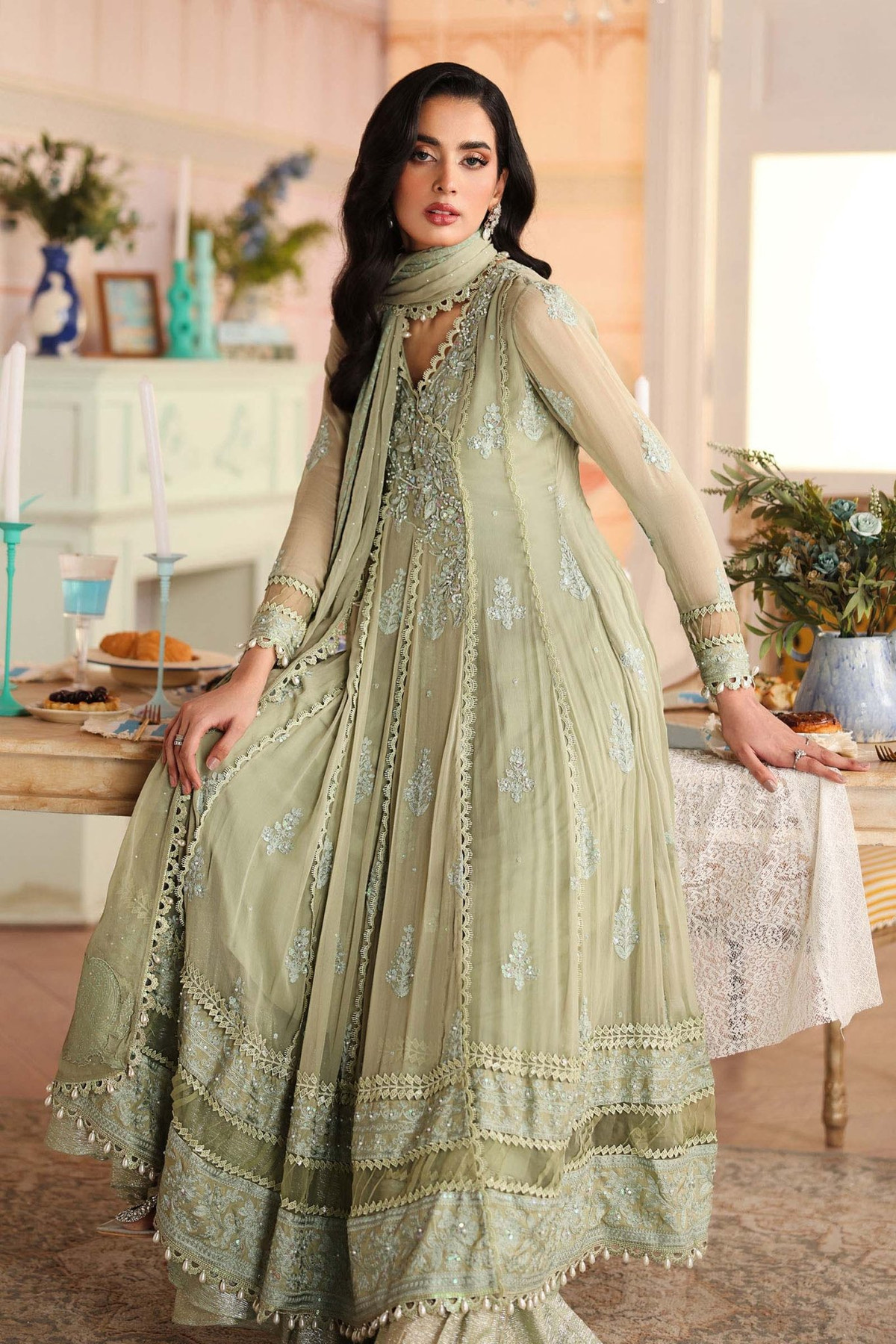 Maria B | RTW | 3 Piece Embroidered Chiffon Suit-Brand:Maria B-Type:Luxury Formals-Green - House of Maryam- Buy in UK, USA