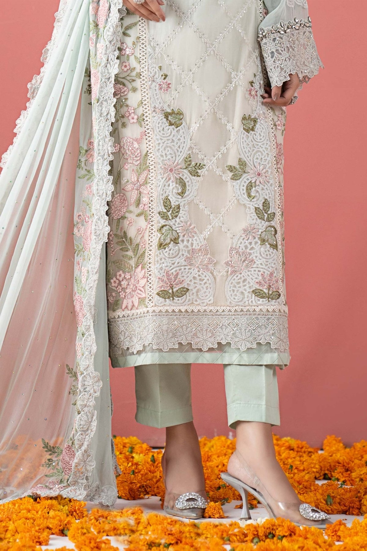 Maria B | RTW | 3 Piece Embroidered Chiffon Suit-Brand:Maria B-Type:Luxury Formals-Green - House of Maryam- Buy in UK, USA