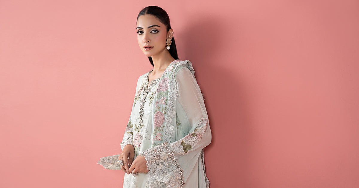 Maria B | RTW | 3 Piece Embroidered Chiffon Suit-Brand:Maria B-Type:Luxury Formals-Green - House of Maryam- Buy in UK, USA