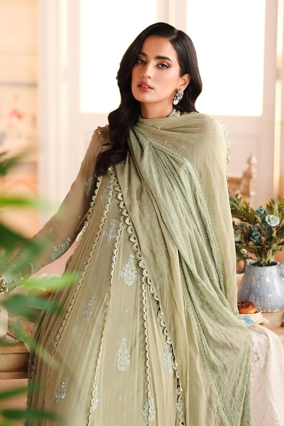 Maria B | RTW | 3 Piece Embroidered Chiffon Suit-Brand:Maria B-Type:Luxury Formals-Green - House of Maryam- Buy in UK, USA