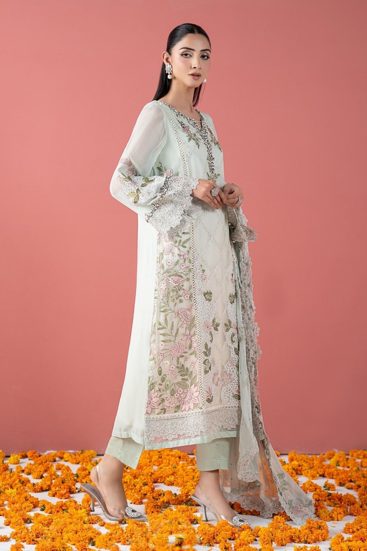 Maria B | RTW | 3 Piece Embroidered Chiffon Suit-Brand:Maria B-Type:Luxury Formals-Green - House of Maryam- Buy in UK, USA