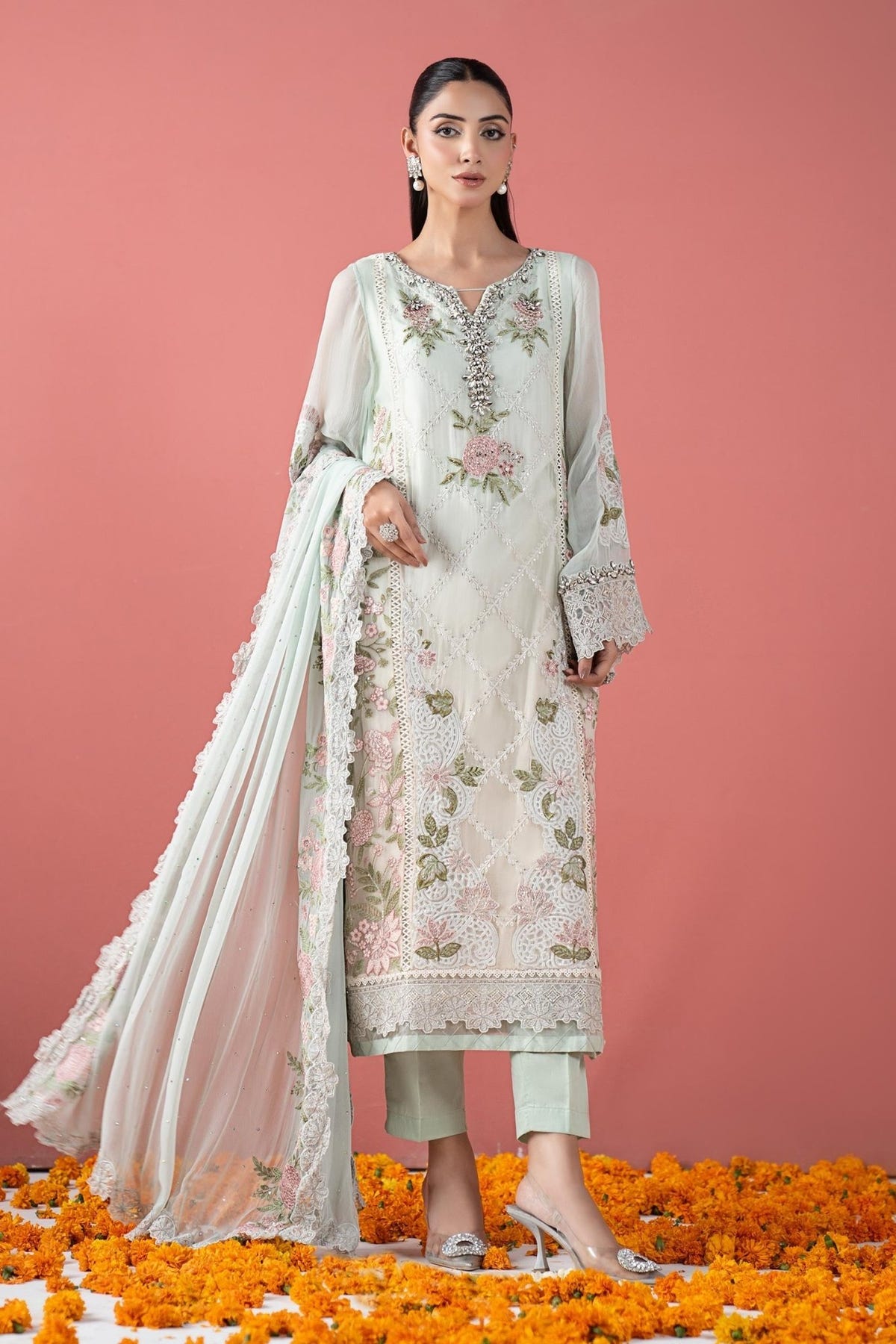 Maria B | RTW | 3 Piece Embroidered Chiffon Suit-Brand:Maria B-Type:Luxury Formals-Green - House of Maryam- Buy in UK, USA