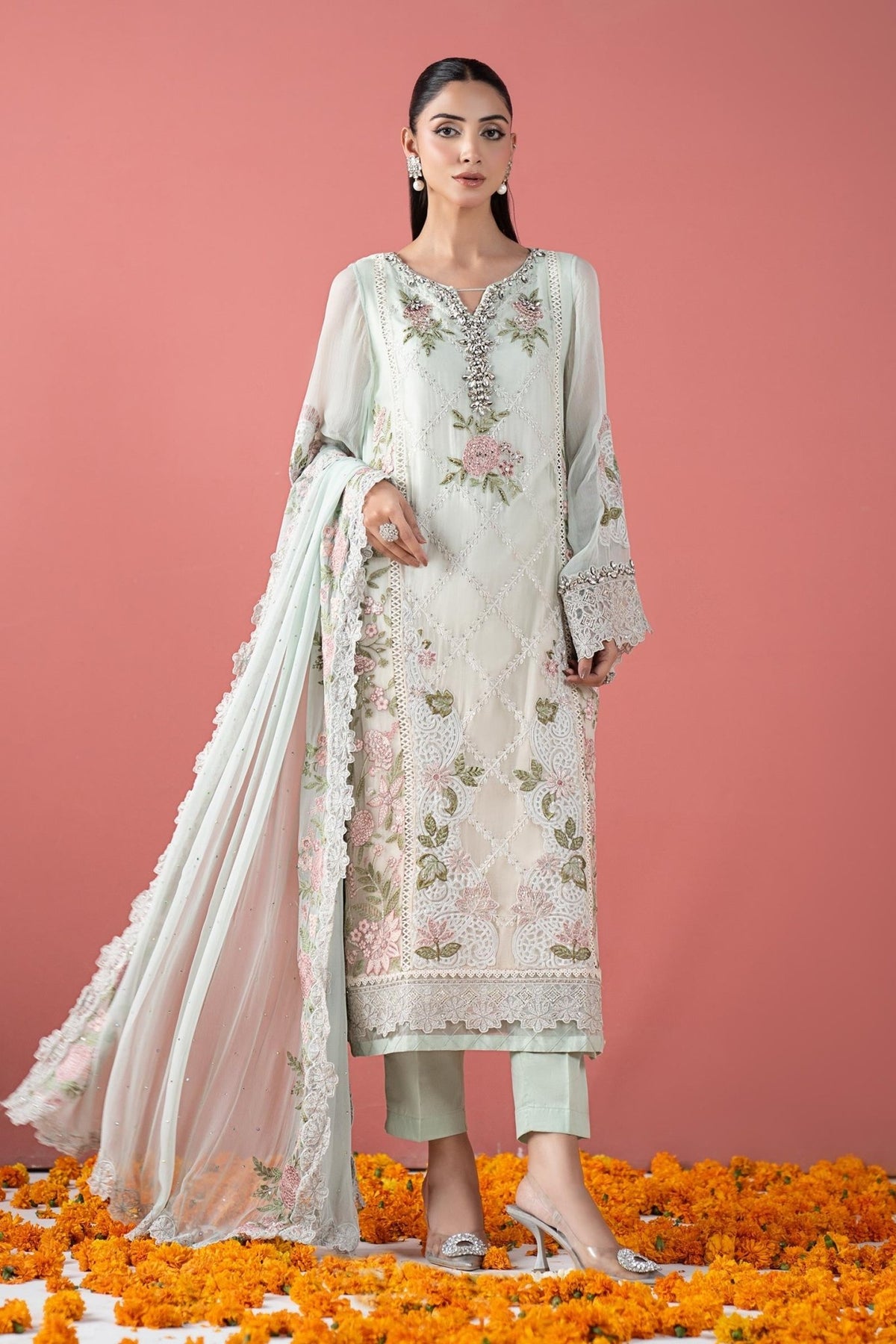 Maria B | RTW | 3 Piece Embroidered Chiffon Suit-Brand:Maria B-Type:Luxury Formals-Green - House of Maryam- Buy in UK, USA