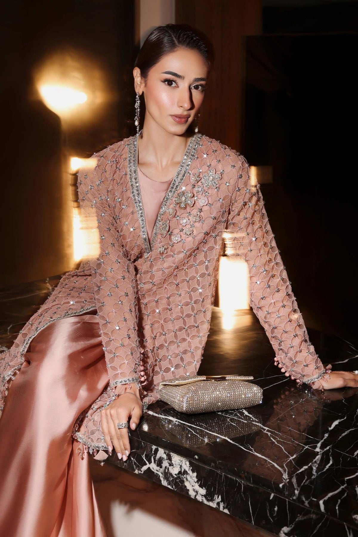 Maria B | RTW | 3 Piece Embroidered Chiffon Suit-Brand:Maria B-Type:Luxury Formals-Pink - House of Maryam- Buy in UK, USA