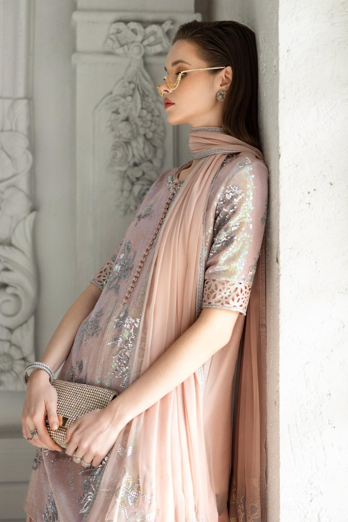 Maria B | RTW | 3 Piece Embroidered Chiffon Suit-Brand:Maria B-Type:Luxury Formals-Pink - House of Maryam- Buy in UK, USA