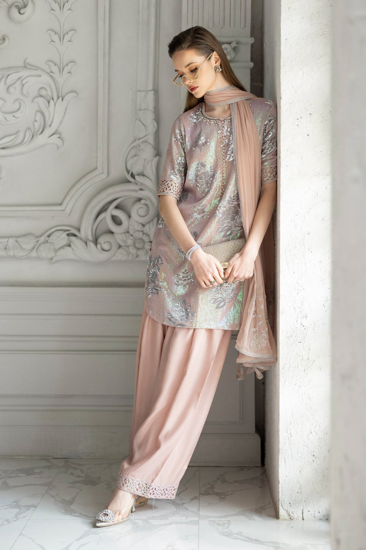 Maria B | RTW | 3 Piece Embroidered Chiffon Suit-Brand:Maria B-Type:Luxury Formals-Pink - House of Maryam- Buy in UK, USA