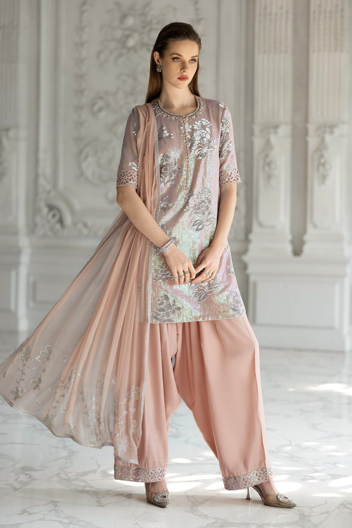 Maria B | RTW | 3 Piece Embroidered Chiffon Suit-Brand:Maria B-Type:Luxury Formals-Pink - House of Maryam- Buy in UK, USA