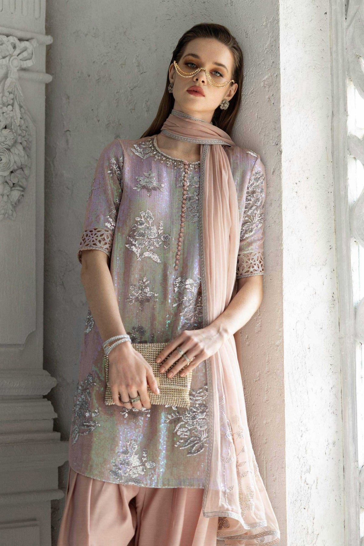 Maria B | RTW | 3 Piece Embroidered Chiffon Suit-Brand:Maria B-Type:Luxury Formals-Pink - House of Maryam- Buy in UK, USA