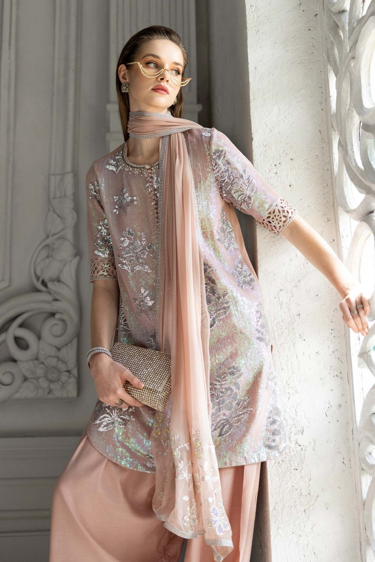 Maria B | RTW | 3 Piece Embroidered Chiffon Suit-Brand:Maria B-Type:Luxury Formals-Pink - House of Maryam- Buy in UK, USA
