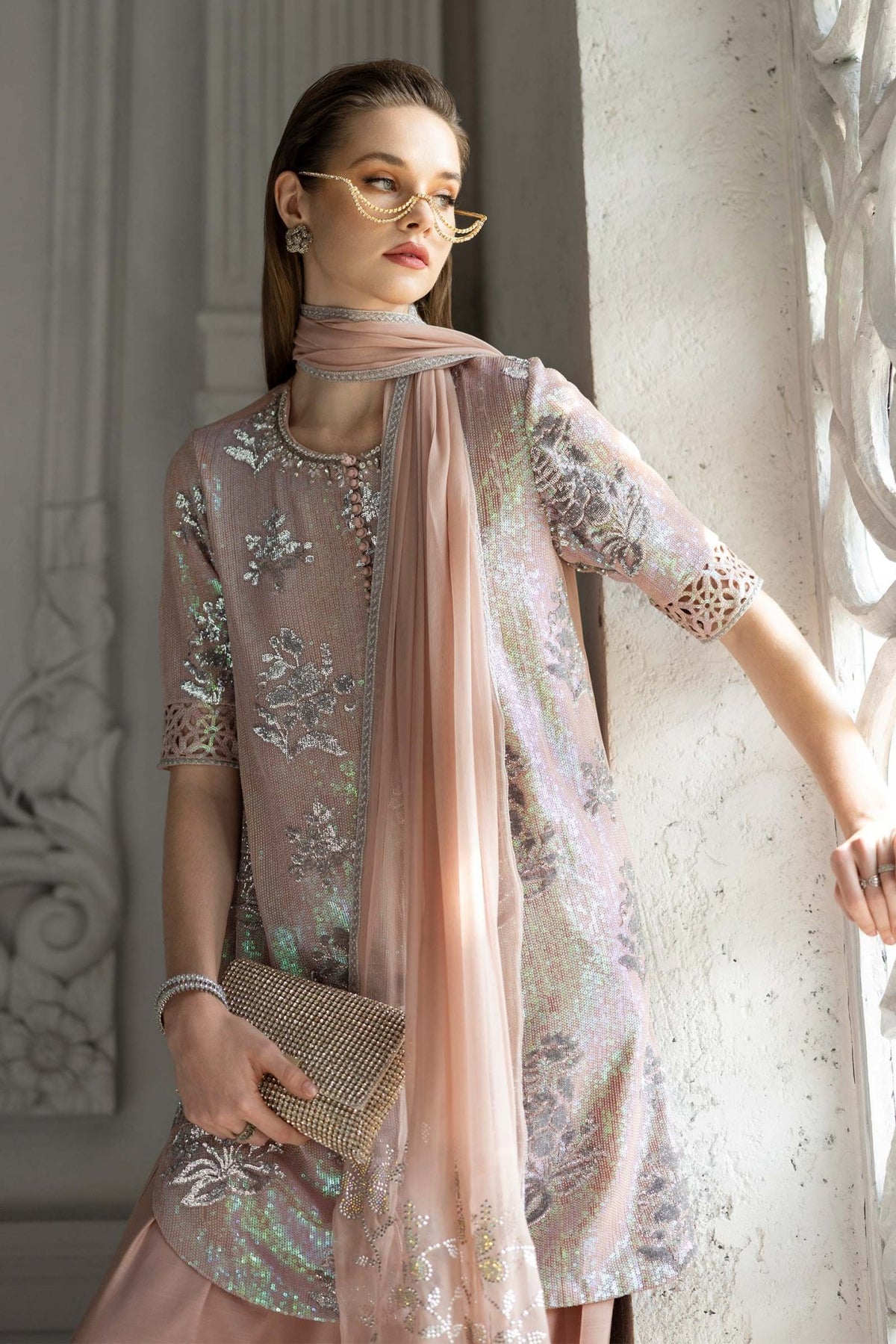 Maria B | RTW | 3 Piece Embroidered Chiffon Suit-Brand:Maria B-Type:Luxury Formals-Pink - House of Maryam- Buy in UK, USA