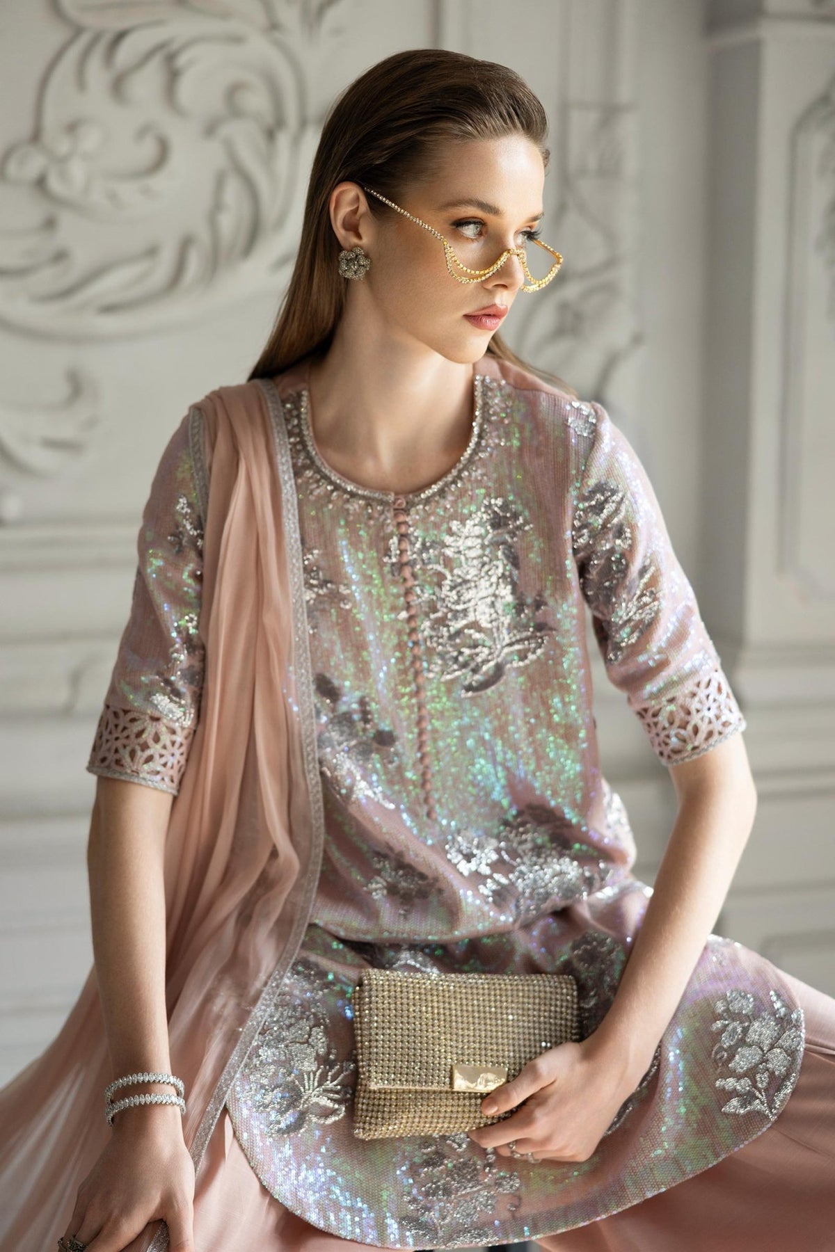 Maria B | RTW | 3 Piece Embroidered Chiffon Suit-Brand:Maria B-Type:Luxury Formals-Pink - House of Maryam- Buy in UK, USA