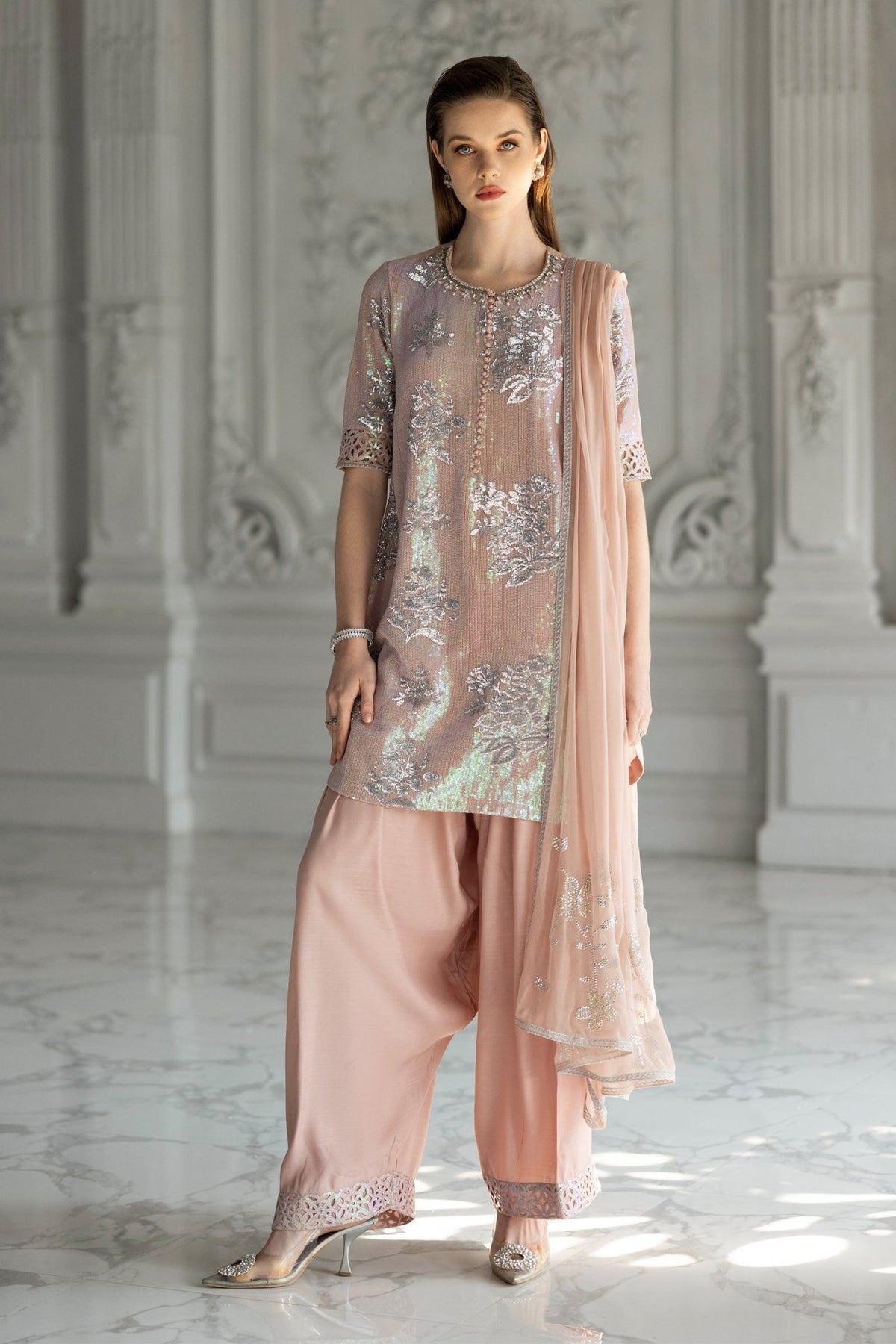 Maria B | RTW | 3 Piece Embroidered Chiffon Suit-Brand:Maria B-Type:Luxury Formals-Pink - House of Maryam- Buy in UK, USA