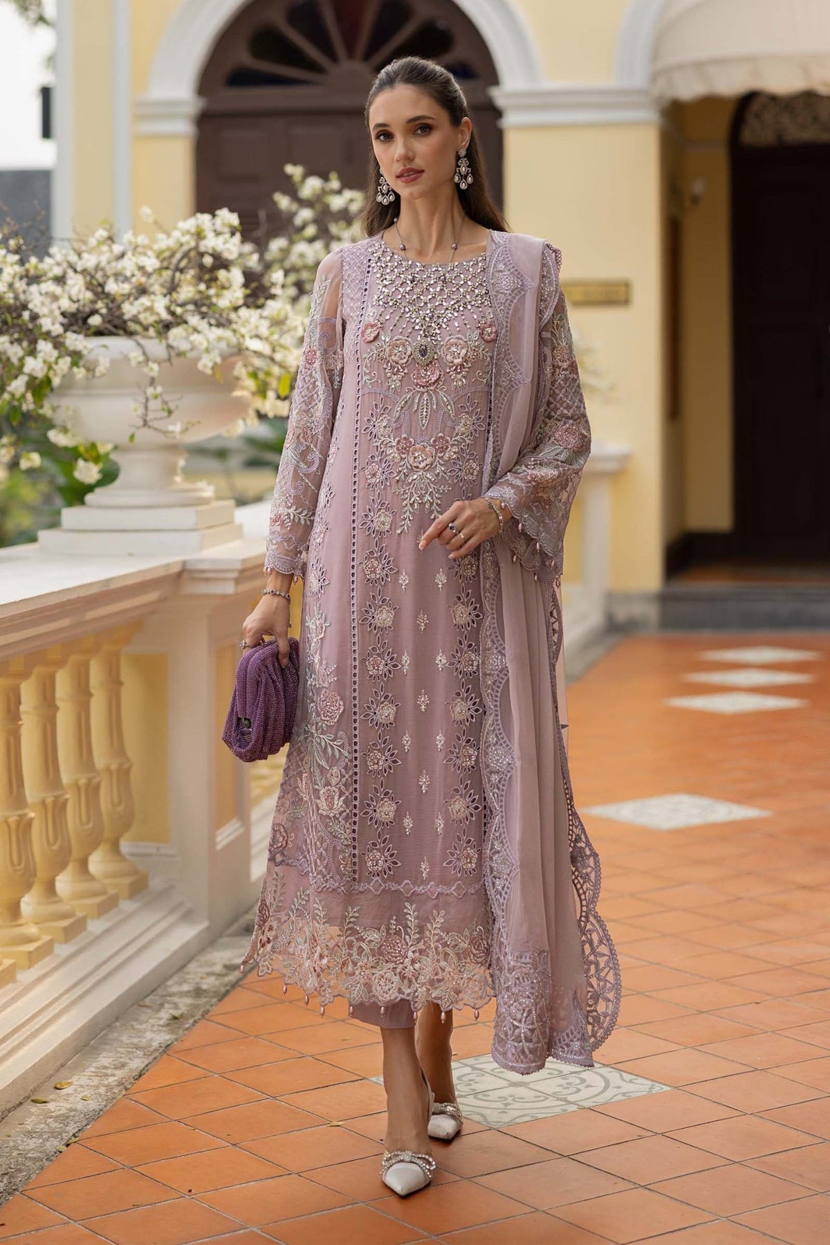 Maria B | RTW | 3 Piece Embroidered Chiffon Suit-Brand:Maria B-Type:Luxury Formals-Purple - House of Maryam- Buy in UK, USA