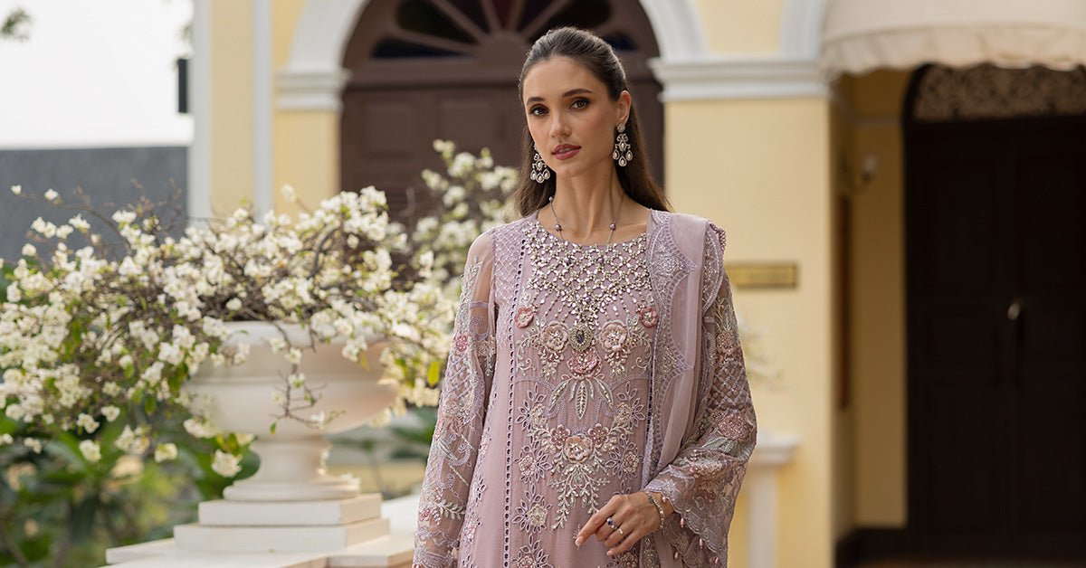 Maria B | RTW | 3 Piece Embroidered Chiffon Suit-Brand:Maria B-Type:Luxury Formals-Purple - House of Maryam- Buy in UK, USA