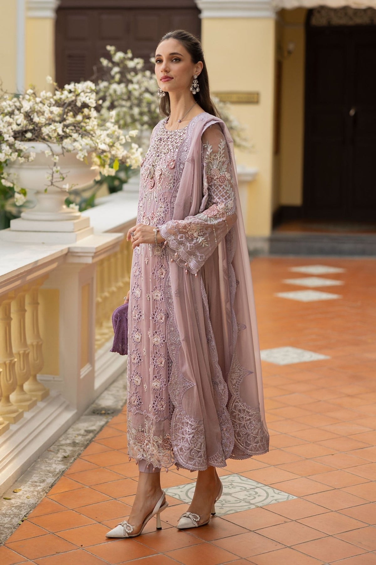 Maria B | RTW | 3 Piece Embroidered Chiffon Suit-Brand:Maria B-Type:Luxury Formals-Purple - House of Maryam- Buy in UK, USA