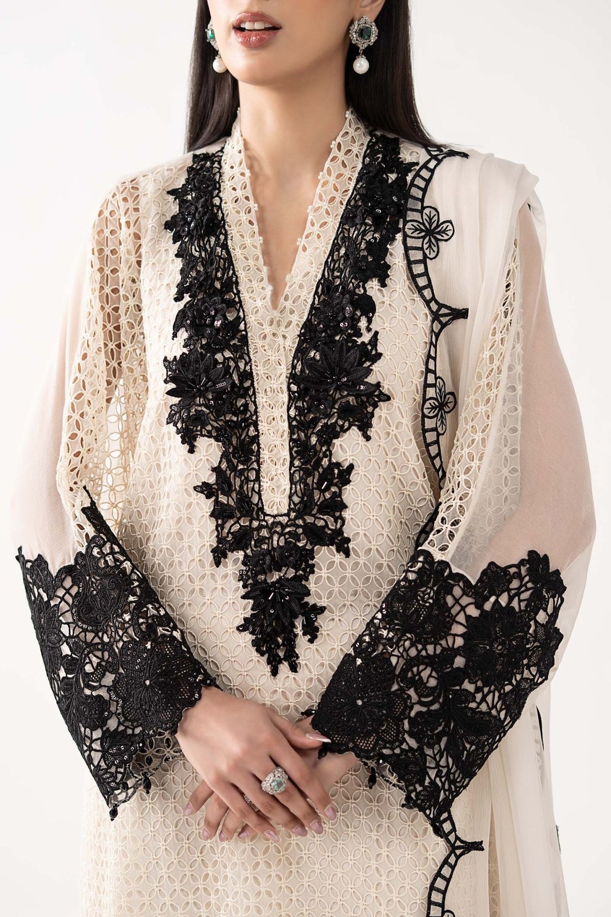 Maria B | RTW | 3 Piece Embroidered Chiffon Suit-Brand:Maria B-Type:Luxury Formals-White - House of Maryam- Buy in UK, USA