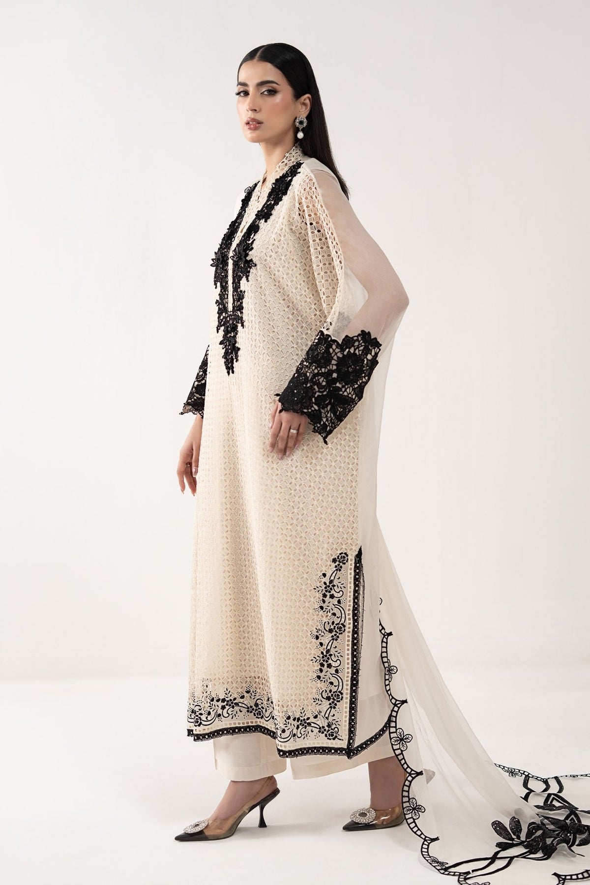 Maria B | RTW | 3 Piece Embroidered Chiffon Suit-Brand:Maria B-Type:Luxury Formals-White - House of Maryam- Buy in UK, USA