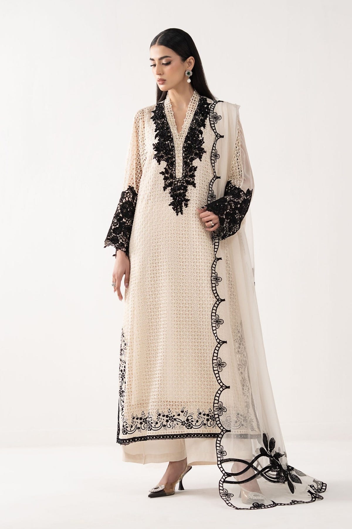 Maria B | RTW | 3 Piece Embroidered Chiffon Suit-Brand:Maria B-Type:Luxury Formals-White - House of Maryam- Buy in UK, USA