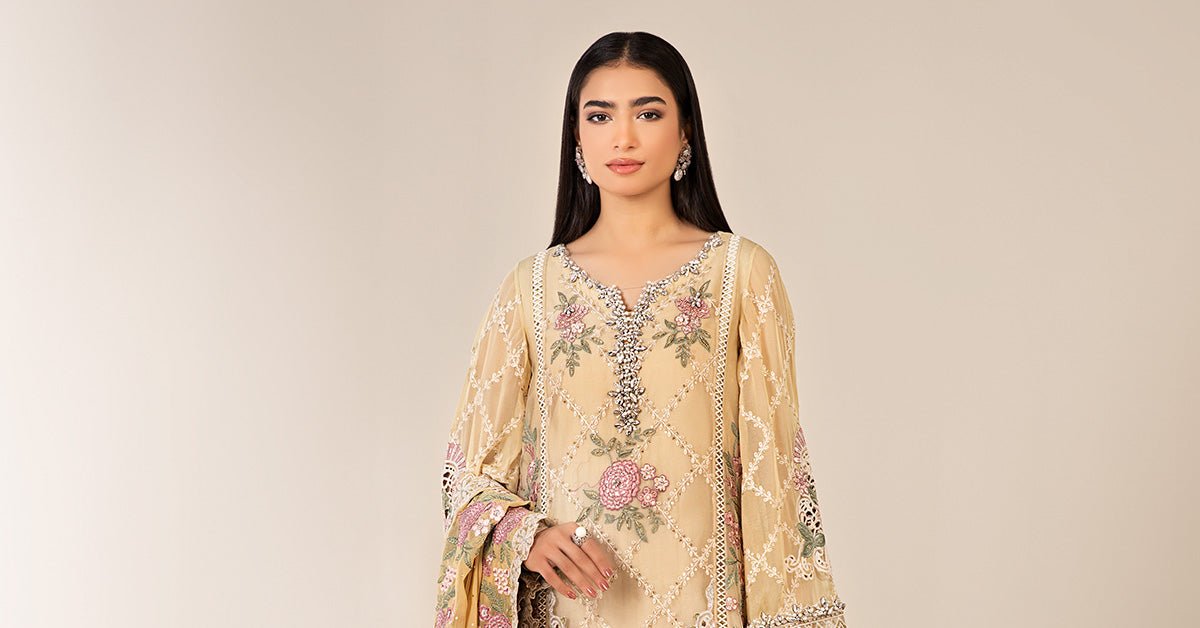 Maria B | RTW | 3 Piece Embroidered Chiffon Suit-Brand:Maria B-Type:Luxury Formals-Yellow - House of Maryam- Buy in UK, USA