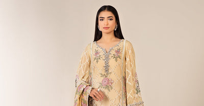 Maria B | RTW | 3 Piece Embroidered Chiffon Suit-Brand:Maria B-Type:Luxury Formals-Yellow - House of Maryam- Buy in UK, USA