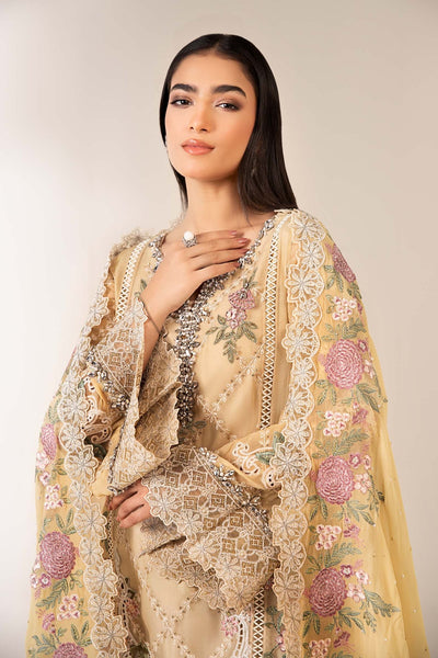 Maria B | RTW | 3 Piece Embroidered Chiffon Suit-Brand:Maria B-Type:Luxury Formals-Yellow - House of Maryam- Buy in UK, USA