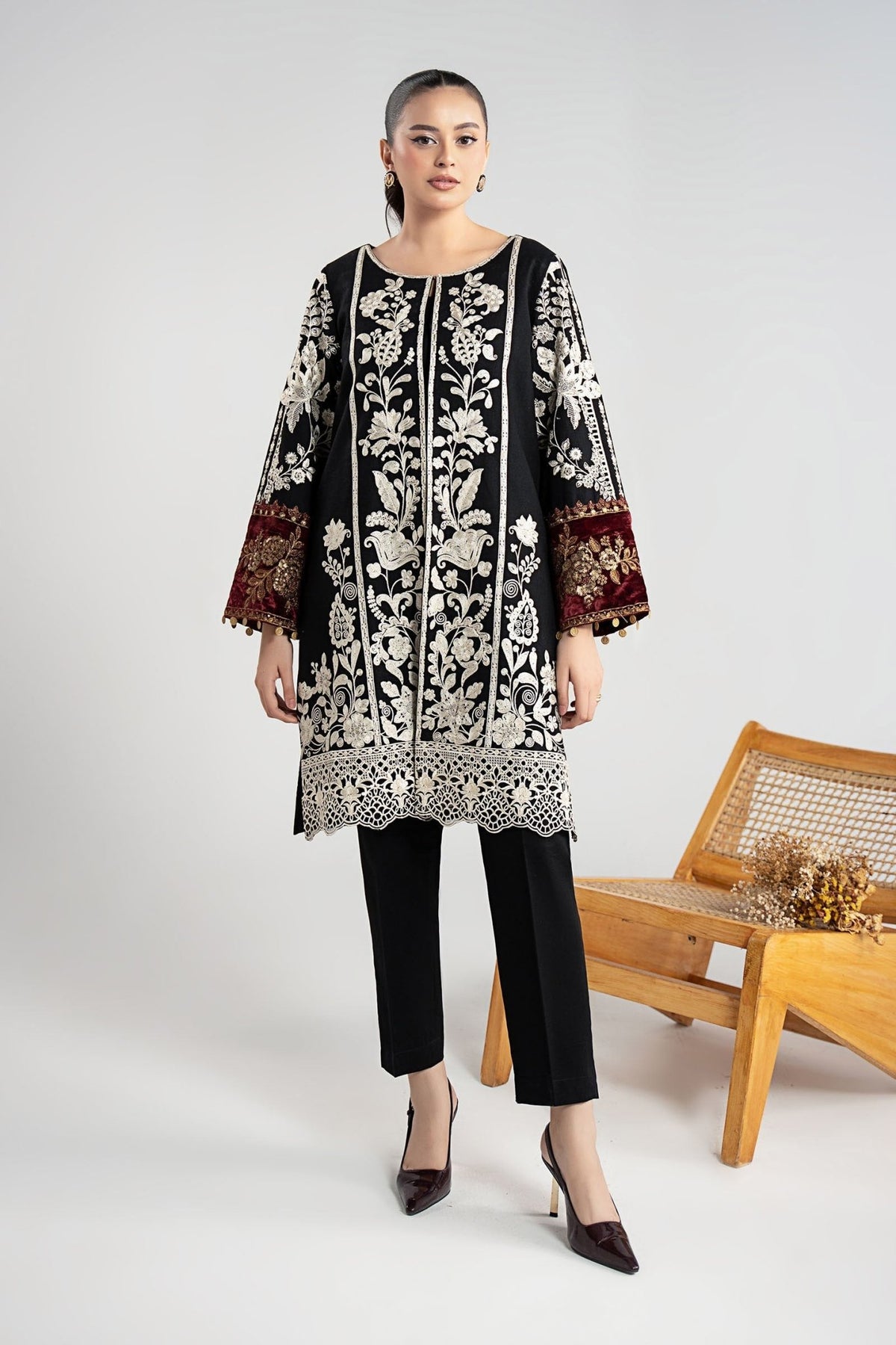Maria B | RTW | 3 Piece Embroidered Cotton Dobby Suit-Brand:Maria B-Type:Luxury Pret-Black - House of Maryam- Buy in UK, USA