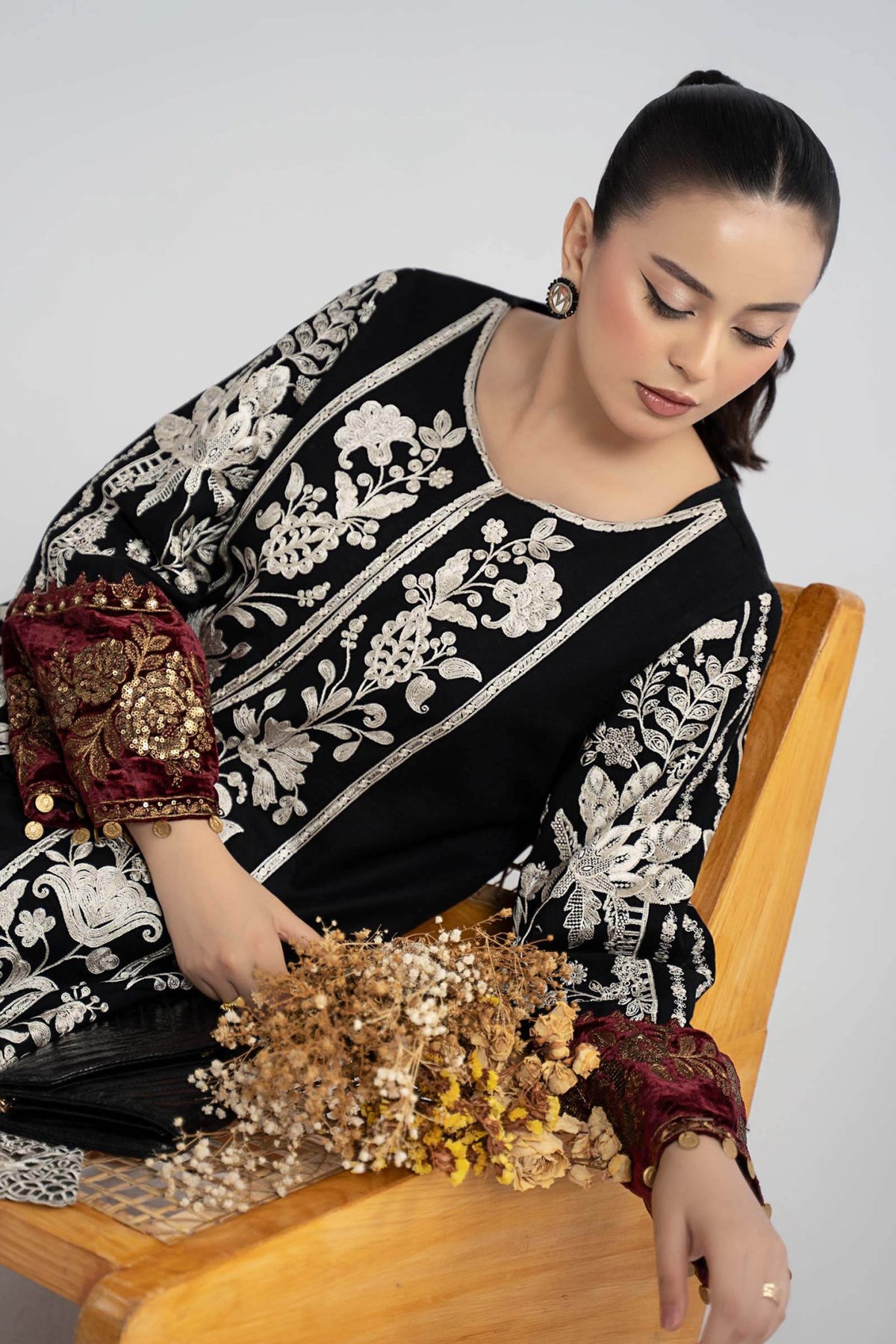 Maria B | RTW | 3 Piece Embroidered Cotton Dobby Suit-Brand:Maria B-Type:Luxury Pret-Black - House of Maryam- Buy in UK, USA