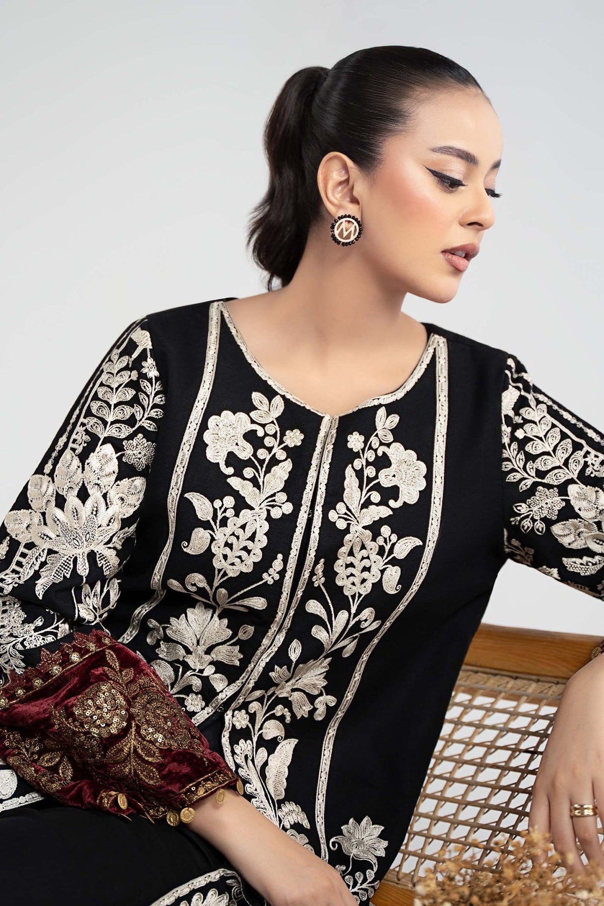 Maria B | RTW | 3 Piece Embroidered Cotton Dobby Suit-Brand:Maria B-Type:Luxury Pret-Black - House of Maryam- Buy in UK, USA