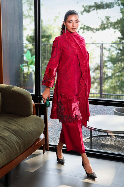 Maria B | RTW | 3 Piece Embroidered Cotton Jacquard Suit-Brand:Maria B-Type:Luxury Pret-Red - House of Maryam- Buy in UK, USA